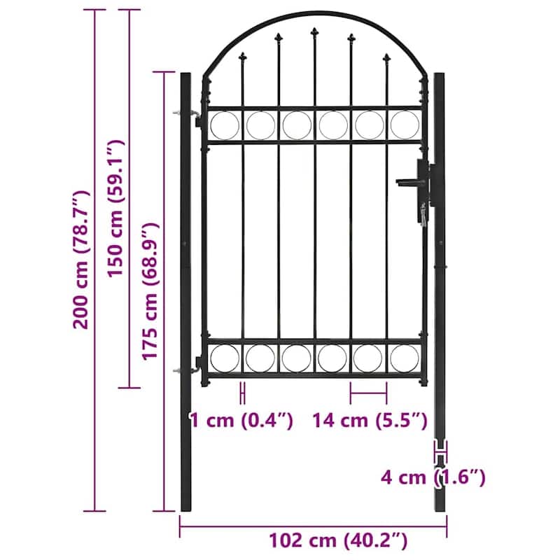 vidaXL Fence Gate with Arched Top Steel 39.4" x 49.2"/59.1"/68.9"/78.7" Black