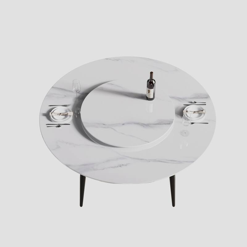 59" White Marble Round Dining Table with Lazy Susan
