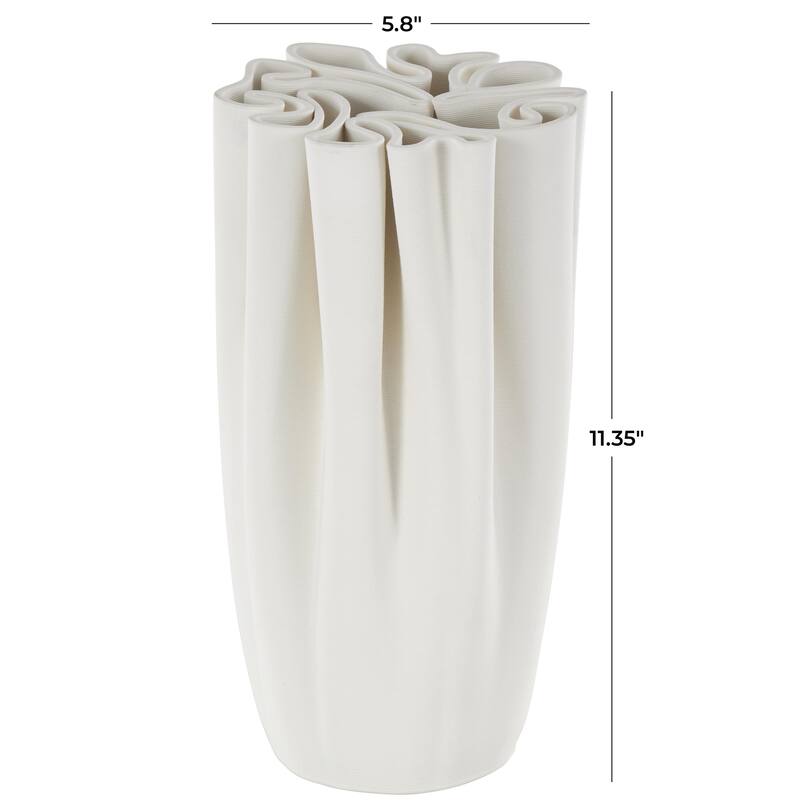 Ceramic Abstract Ribbed Dimensional Folded Decorative Vase with Compact Wavy Rim - White - Roche River Decor