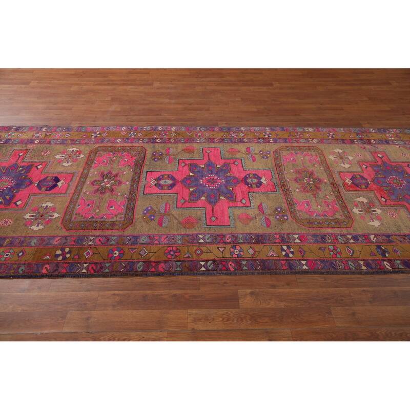 Handmade Ardebil Persian Vintage Runner Rug Geometric Wool Carpet - 3'11" x 10'7"
