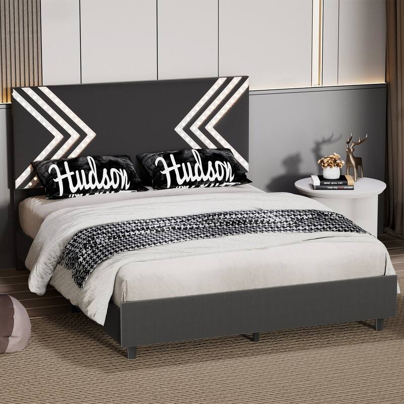 Mixoy Gaming Bed with Lights,Boys LED Bed Frame,Black PVC Leather Upholstered Headboard,Bed Frame for Gamers