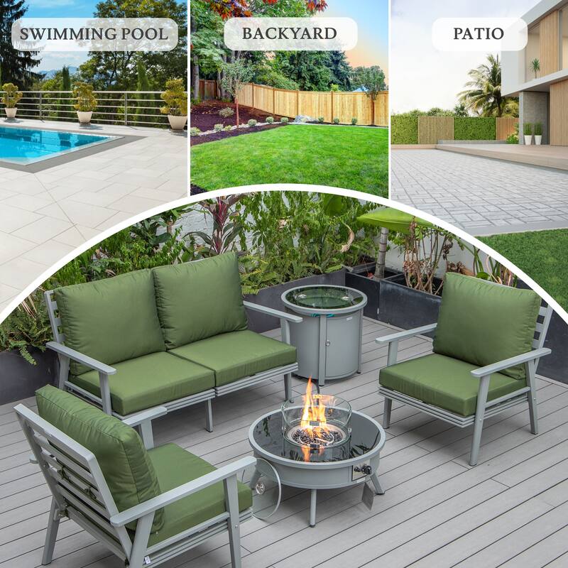Walbrooke 5-Piece Outdoor Powder-Coated Frame Patio Furniture Set with Fire Pit Table, Tank Holder and Polyester Cushions