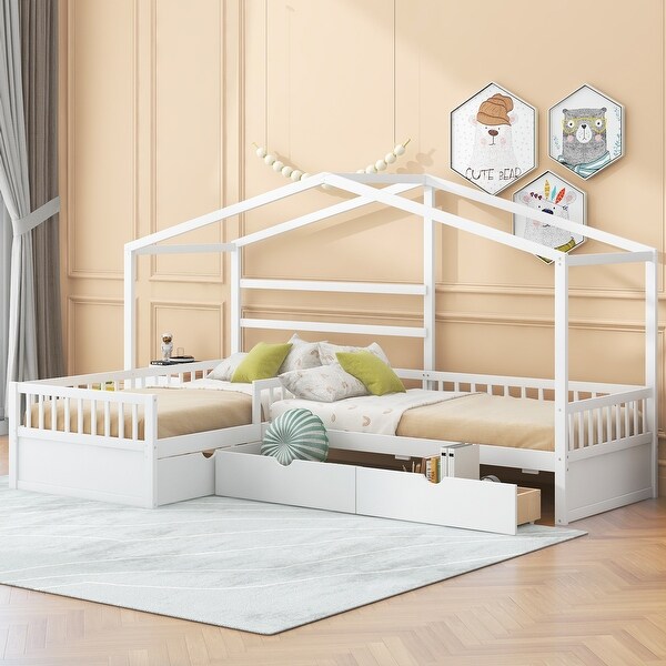L Shaped Twin Bed for 2 Kids Twin Wood House Platform Bed with 3 Storage Drawers Fence and Roof for Kids Teens Boys Girls Bed Bath Beyond 41089859