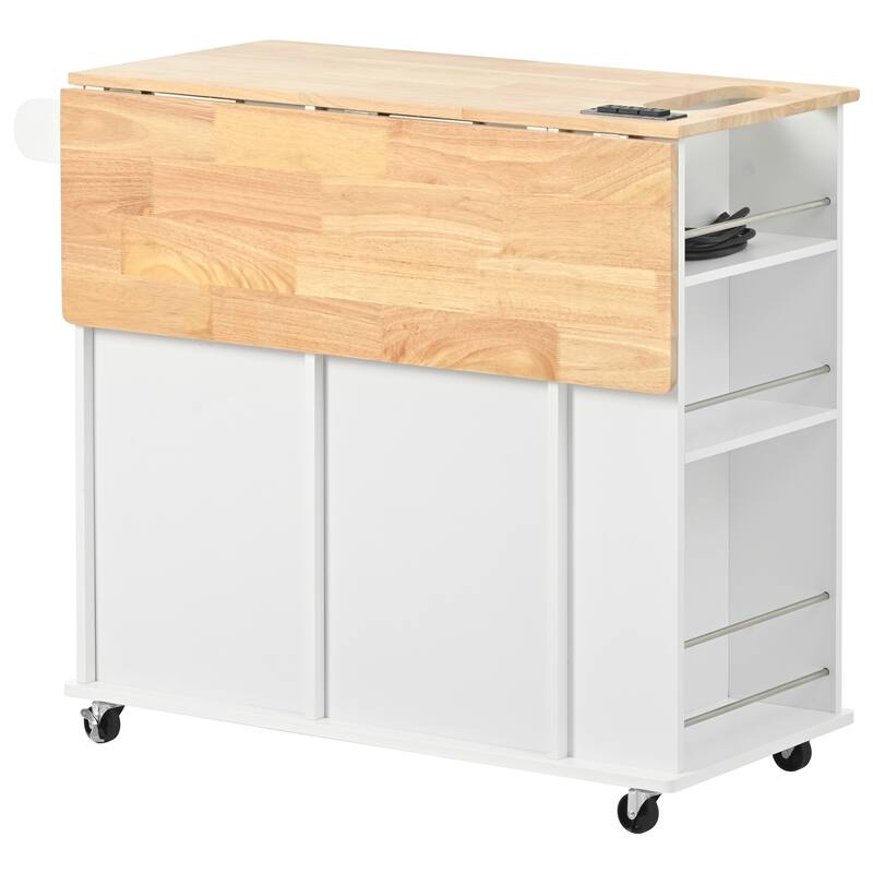 39.80'' Rubber wood Kitchen Island with Power Outlet, Drop Leaf, Adjustable Shelf and 2 Drawers - 39.8'' x 29.33'' x 33.7''