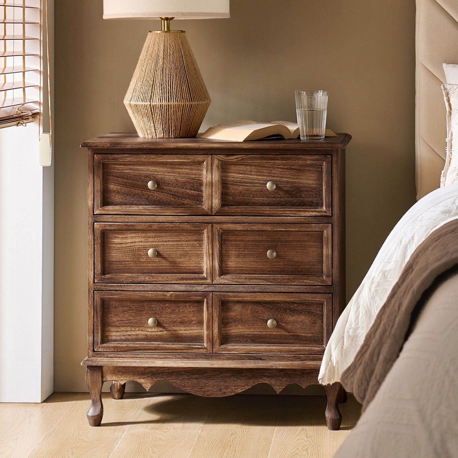 HULALA HOME Pallantium Farmhouse 30"Tall Distressed 3-Drawer Nightstand With Solid Wood Legs and Adjustable Feet