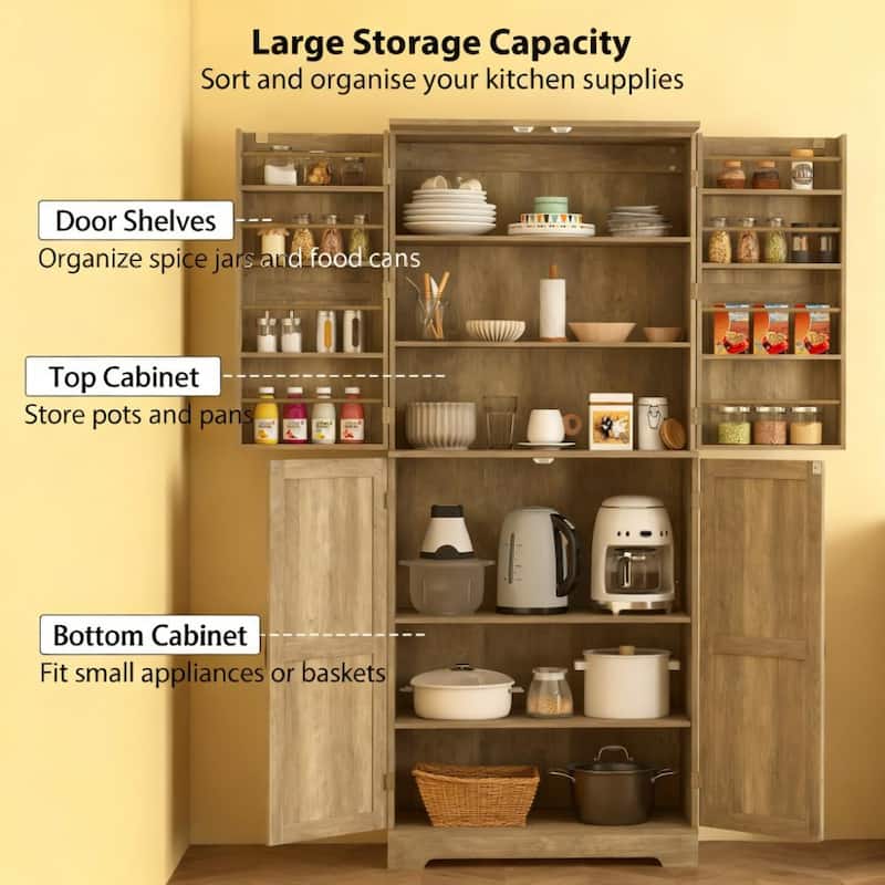 Tall Pantry Cabinet with Barn Doors - Kitchen Storage with Adjustable & Door Shelves