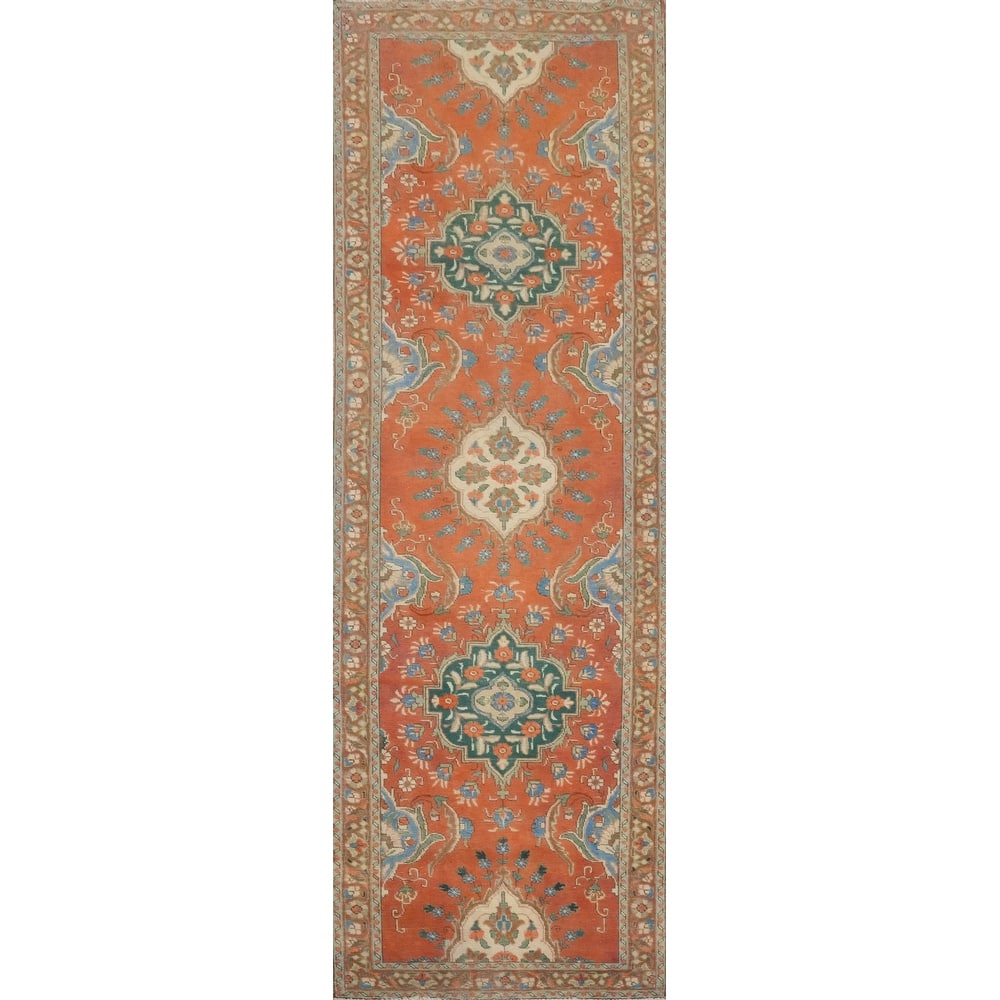 Hand Knotted Oriental 100% Wool Carpet Traditional Floral Oranges & Rust Tabriz Runner Rug - 10' 9'' X 3' 2''