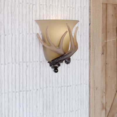 Yoho 1 Light Bronze Rustic Antler Flush Wall Sconce Cream Glass - 9-in W x 10-in H x 5.5-in D