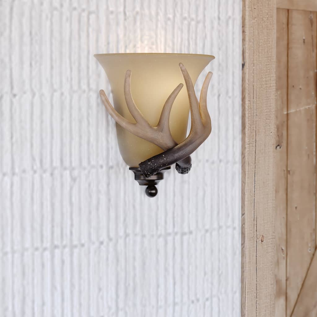 Yoho 1 Light Bronze Rustic Antler Flush Wall Sconce Cream Glass - 9-in W x 10-in H x 5.5-in D