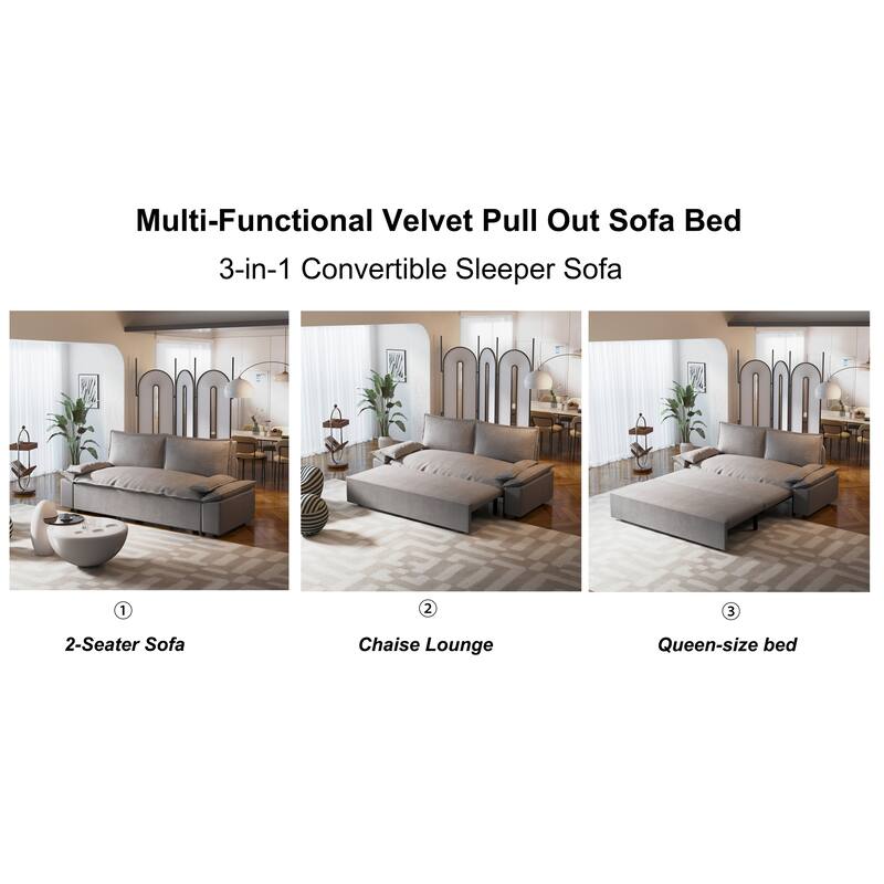 70.1" Queen Pull Out Sofa Bed, 3-in-1 Convertible Sleeper Sofa Couch with 2 Soft Pillows, Multi-Functional Velvet Loveseat Bed