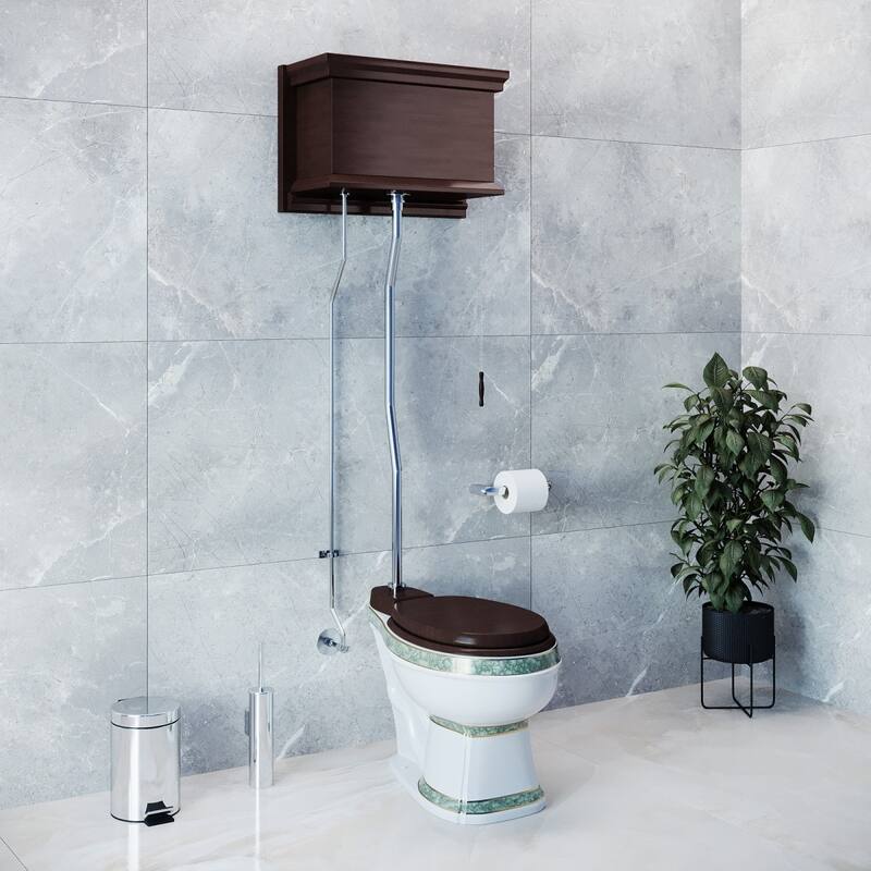 High Tank Pull Chain Toilet Dark Oak Wooden Flat Tank 59" to 74" Chrome Z Pipe and Elongated White Bowl Renovators Supply