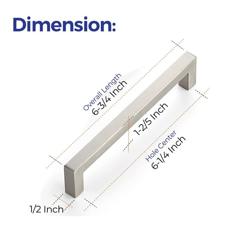 10 Pack 6-1/4 Inch Kitchen Square Cabinet Handles - Brushed Nickel - 6"L x 1"W