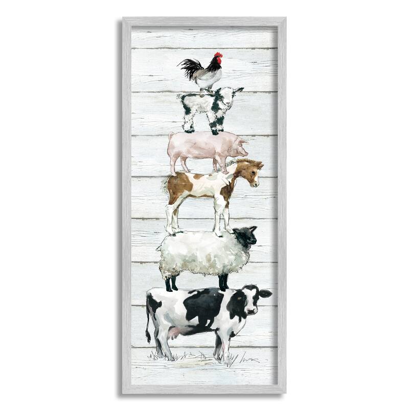 Stupell Balancing Farm Animals Rustic White Plank Pattern Framed Wall Art, Design by Carol Robinson - 10 x 24 - Grey