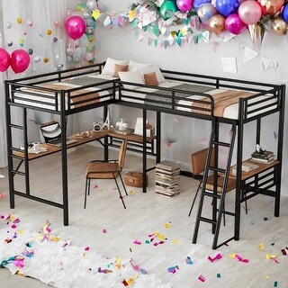 Black 2 Beds in 1 Metal Twin Size Loft Bed with Two Built-in Desks for Home