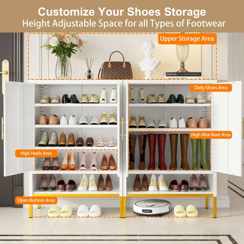 40" Tall 2-Door Metal Shoe Cabinet - 7-Tier Hidden Organizer with Adjustable Shelves for Entryway, Closet, Bedroom
