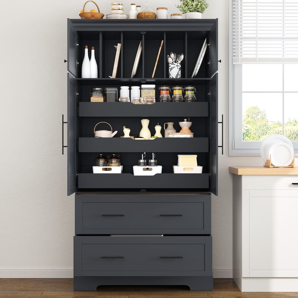 Roomfitters 73 Inch Large Kitchen Pantry with 4 Doors, Pull-Out Trays and Cake Pan Organizer