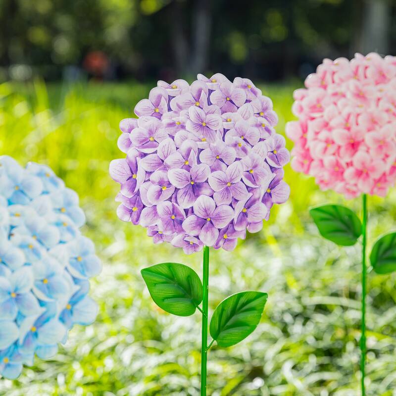 Glitzhome Set of 3 Metal Dimensional Flowers Yardstake Hydrangea Pick Wall Decor