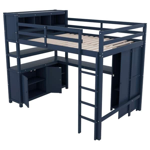 slide 2 of 11, Full Size Wood Loft Bed with Cabinet and Bookshelf Dark Blue