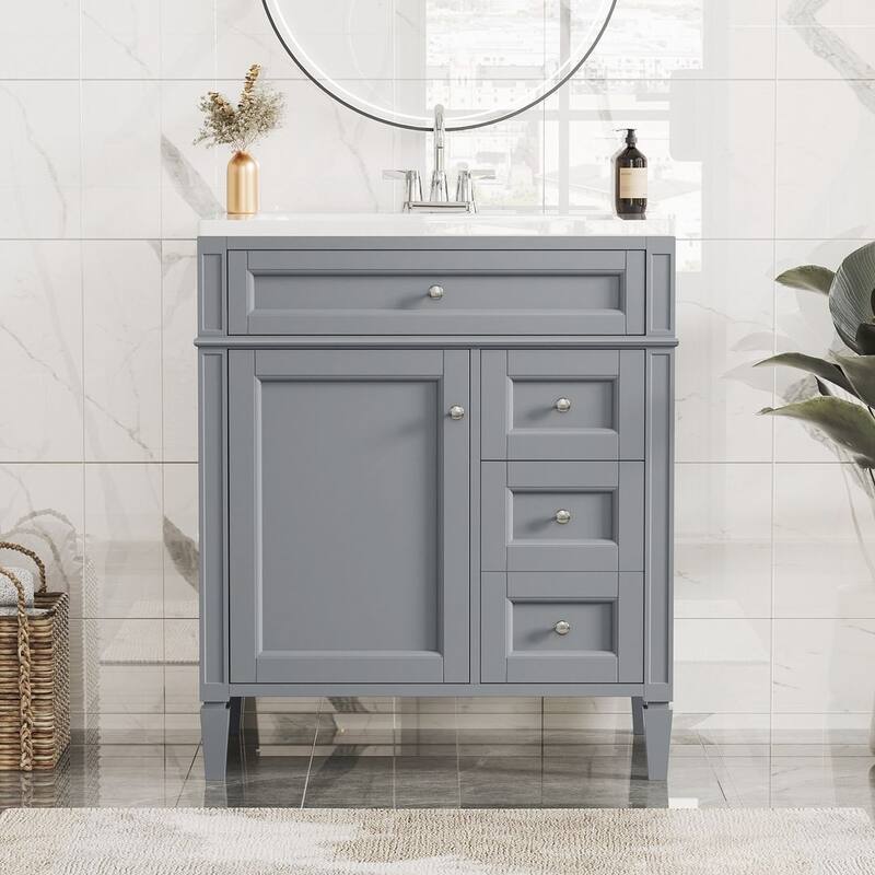 30" Modern Bathroom Vanity with Top Sink and 2 Drawers and a Tip-out Drawer