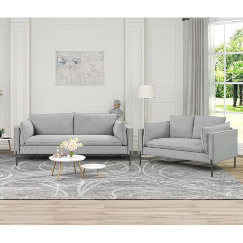 2-Piece Linen Fabric Sofa Sets with USB Charging Ports, Morden Upholstered 3 Seat Sofa & Loveseat for Living Room, Apartment