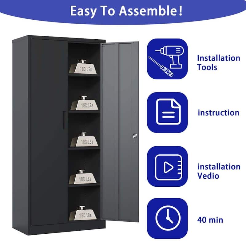 72"H Metal Garage Storage Cabinet Black Tool Steel Locking Cabinet with Doors and 4 Shelves