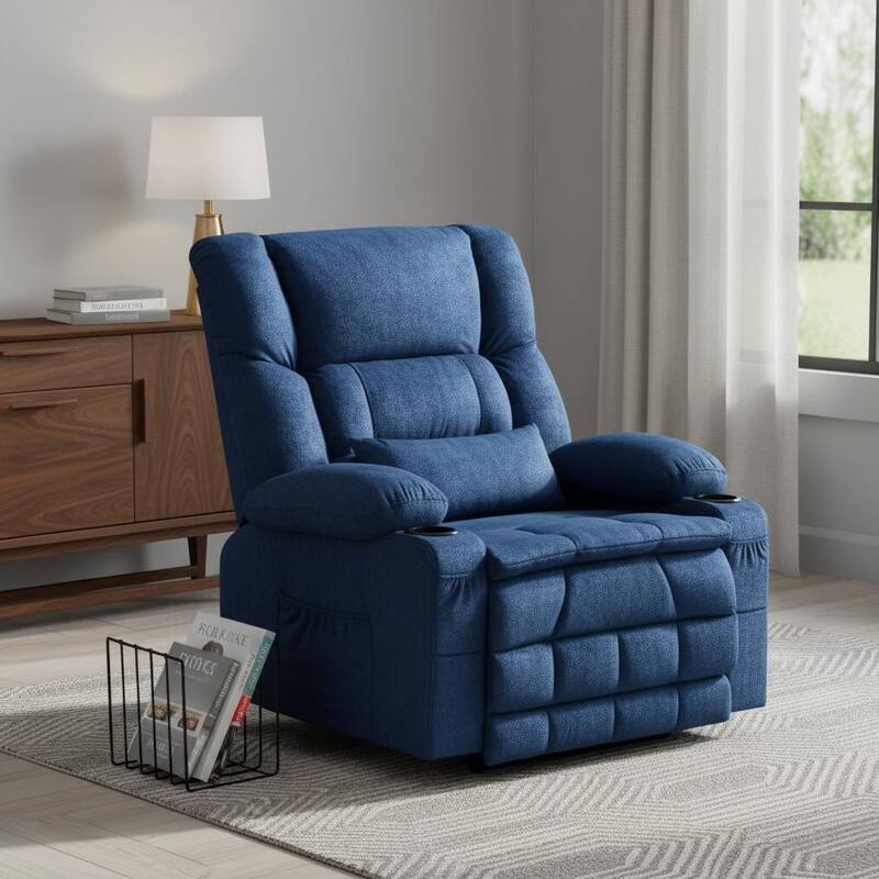 HomeRoots 38" Blue Tufted Velvet Heated Massage Lift Assist Recliner With USB - Blue