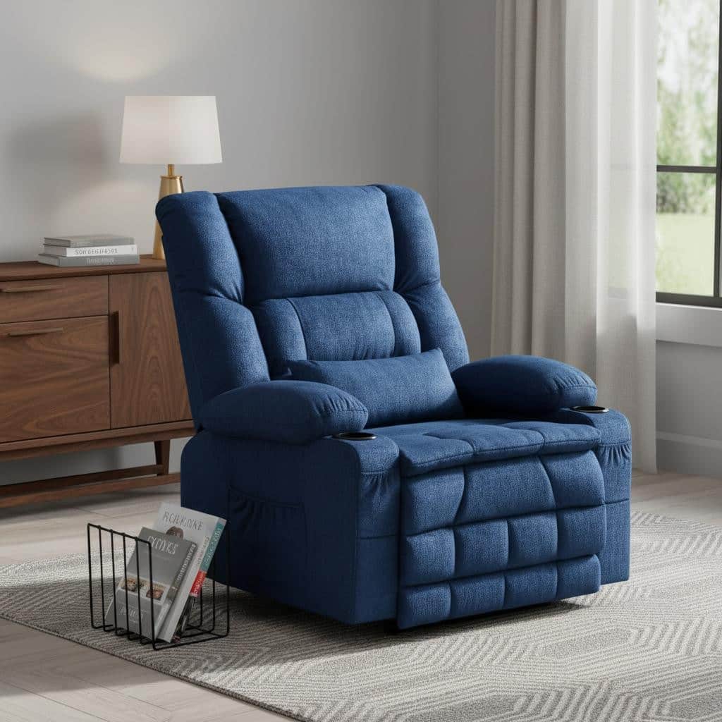 HomeRoots 38" Blue Tufted Velvet Heated Massage Lift Assist Recliner With USB