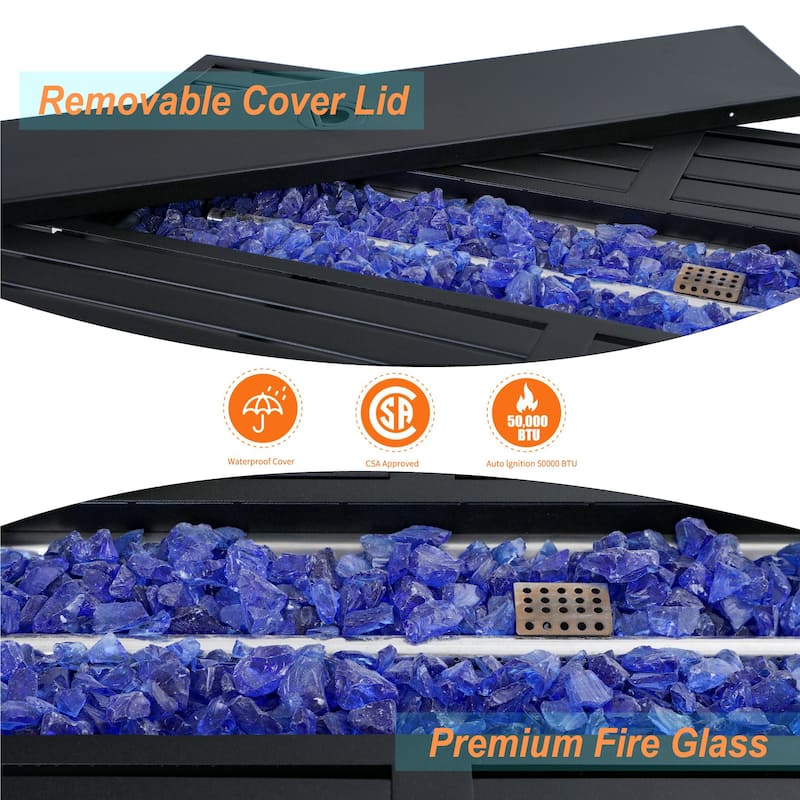 Outdoor Propane Fire Pit Table - 32/45/56 Inch, 50,000 BTU, Rattan/Black Finish, Includes Lid & Fire Glass