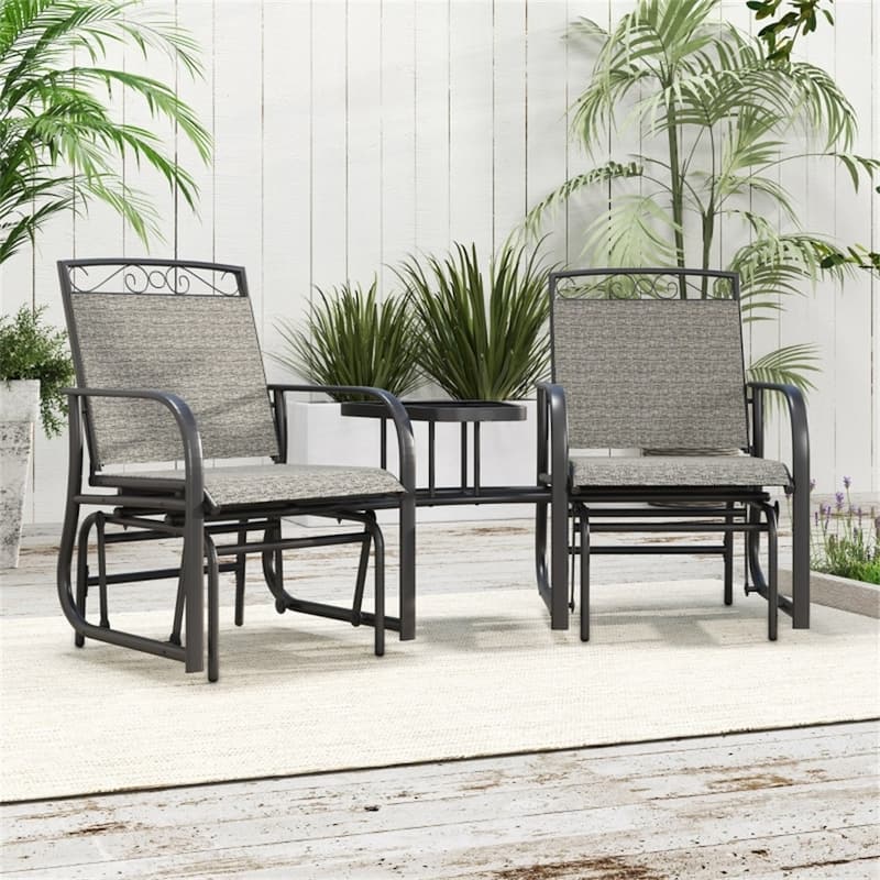 Two Seater Outdoor Glider with Table Steel Frame Tempered Glass and Mesh Fabric - 76.75" L x 33.75" W x 35.75" H