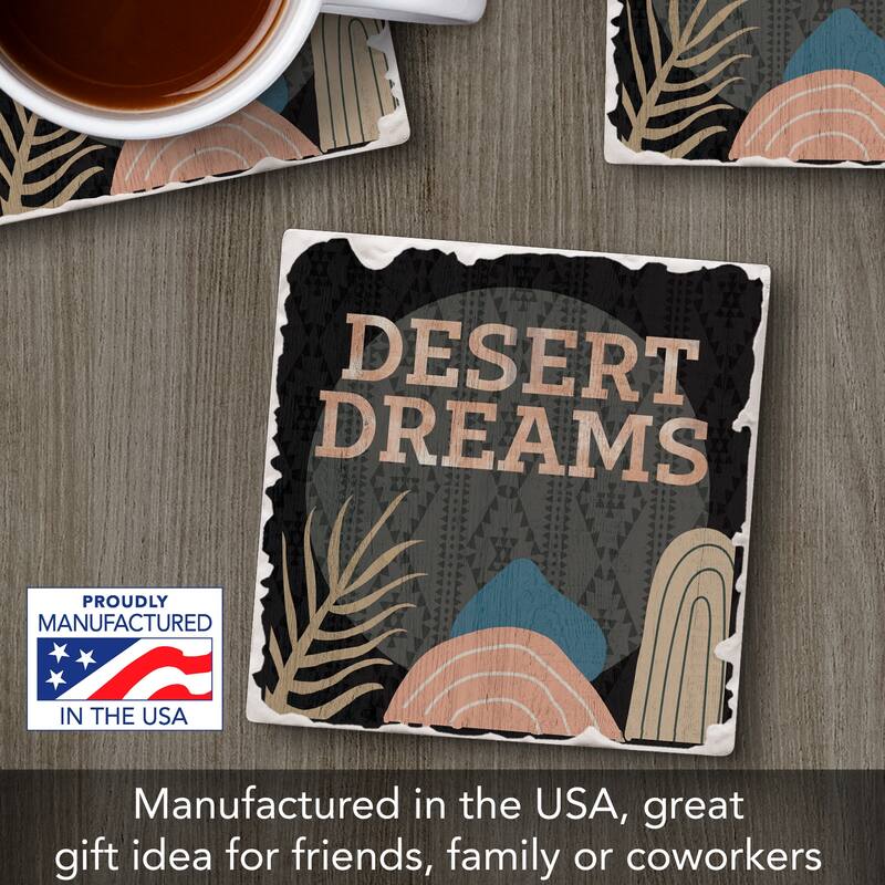 Desert Dreams 4 Pack Absorbent Stone Coasters with Cork Backing 4" Square Made in The USA Absorbent Wipes Clean