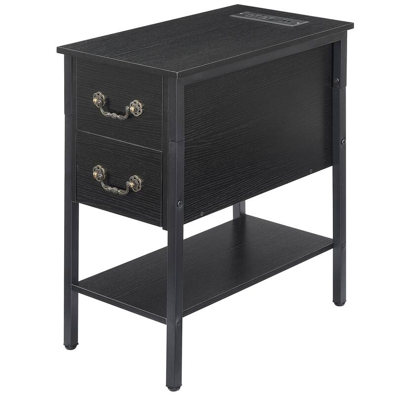 Nightstand with Charging Station, 2 USB Port & 2 Power Outlets, Tall End/Side Table with 2-Drawer and Storage Shelf - Black