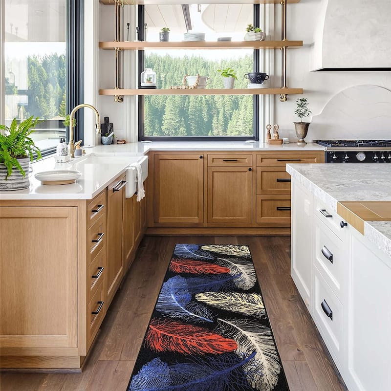 Custom Size Feather Design 26 Inch Wide Non-Slip Stair Runner Rug