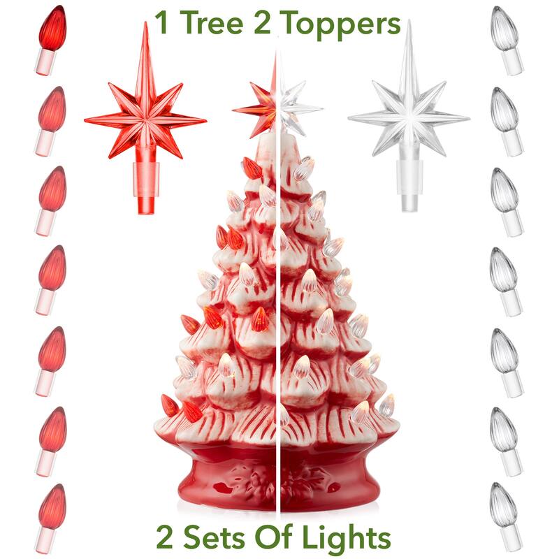 12in Hand Painted Ceramic Christmas Tree PreLit Tree with Star