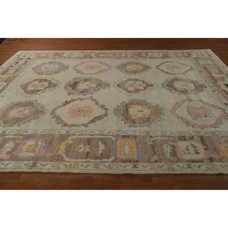 Hand Knotted Oriental 100% Wool Carpet Transitional All-Over Beige & Ivories Oushak Area Rug - 11' 11'' X 8' 8''