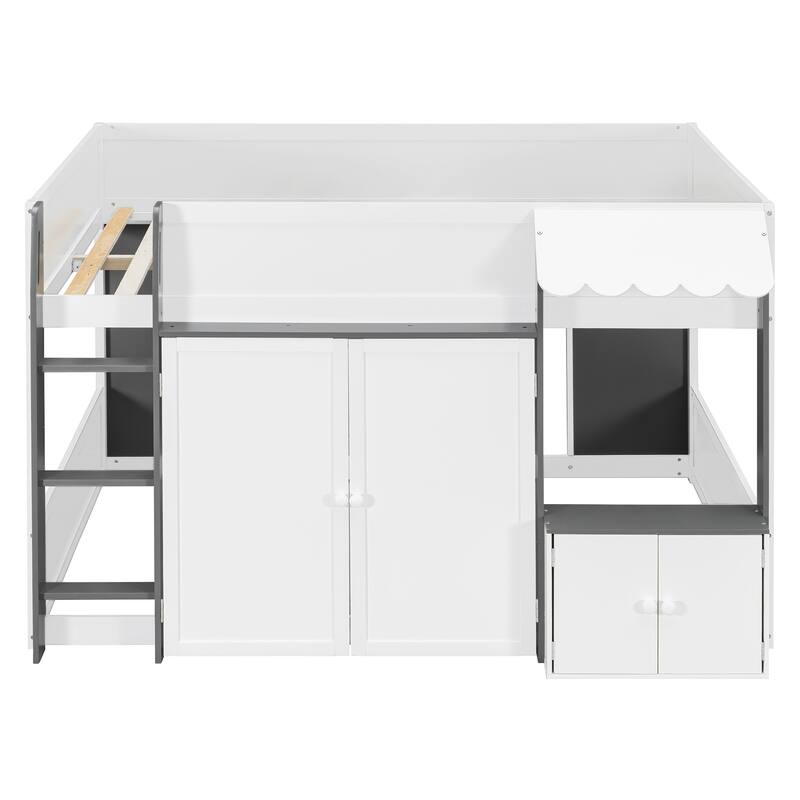 Full Size Loft House Bed with Playhouse Design & Storage, Modern Wooden Cabin Bed with Guardrails and Ladder for Kids, Teens
