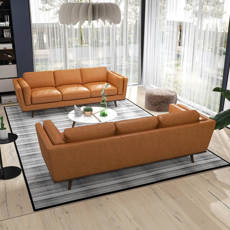 Florencia Mid Century Pillow Back Leather Sofa Set in Tan