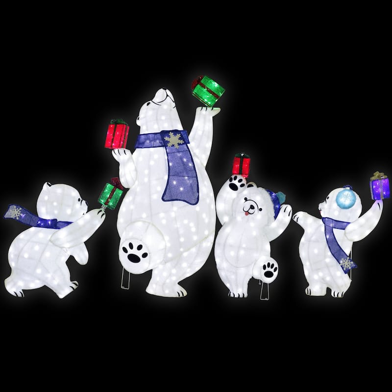 Puleo International Set of 4 Pre-Lit Bear Family Christmas Holiday Decor with 450 Cool White Twinkling LED Lights - White