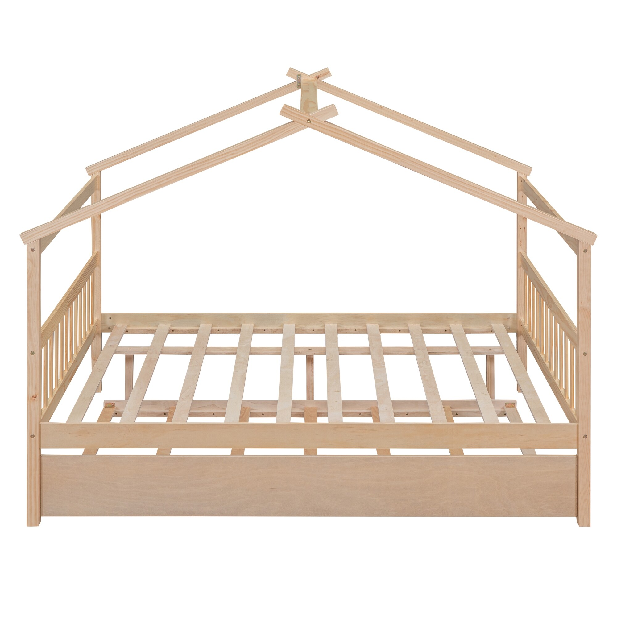 Natural Wood Full Size Wooden House Bed with Twin Size Trundle Double Bed with Shelves