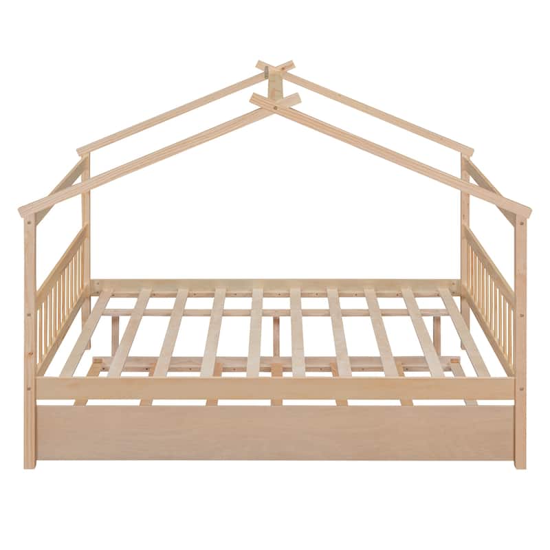 Natural Wood Full Size Wooden House Bed with Twin Size Trundle Double Bed with Shelves - Natural