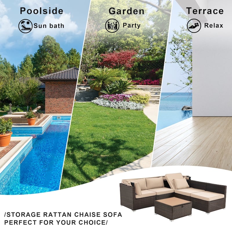 EROMMY 6-Piece Patio Furniture Set, Rattan Daybed with Canopy and Adjustable Backrest