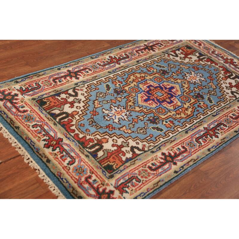 Light Blue Heriz Serapi Indian Rug Hand-Knotted Wool Carpet - 2'11"x 5'2"
