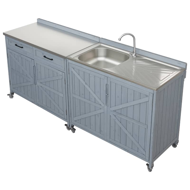 39.4" Rolling Outdoor Kitchen Island with 304 Stainless Steel Sink, Faucet & Cabinet for Pizza Prep