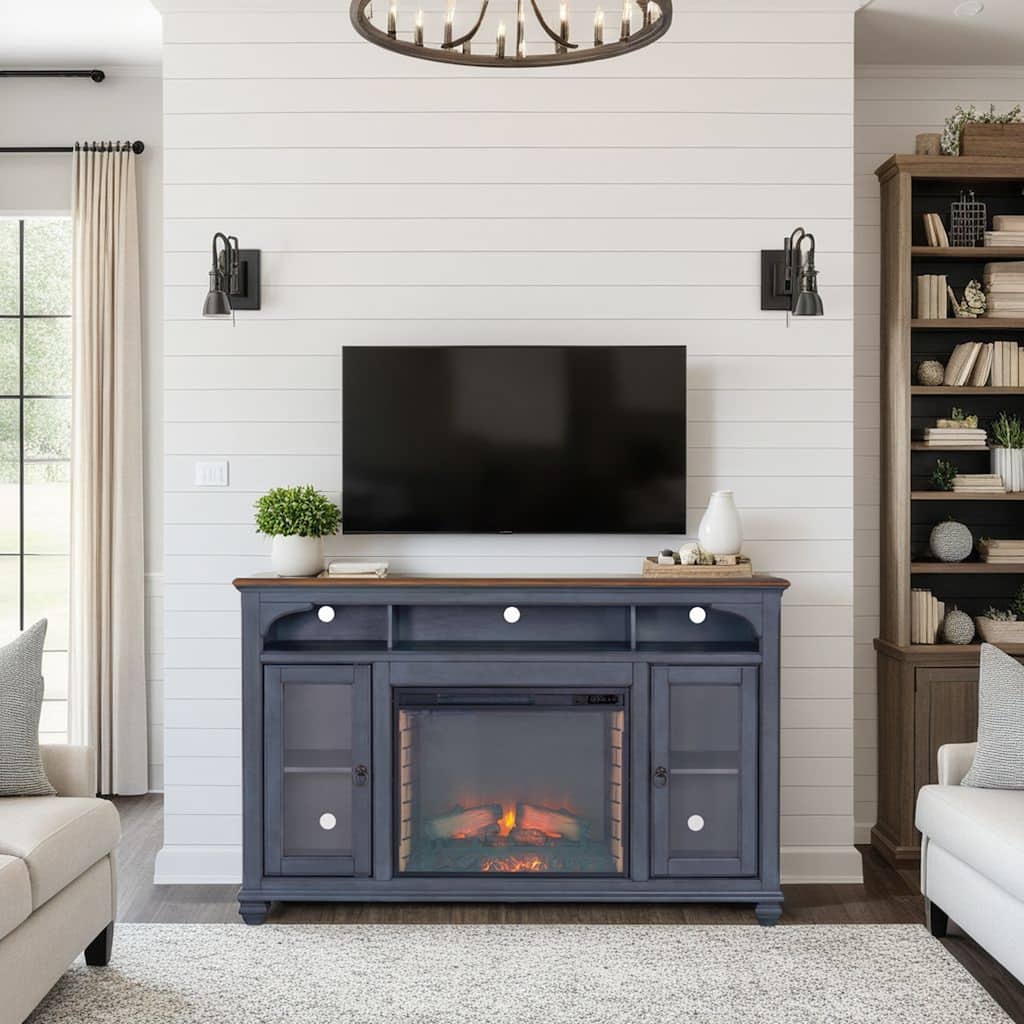 Bridgevine Home Americana 66 in Fireplace TV Stand for TVs up to 80 inches, Corduroy Blue Finish