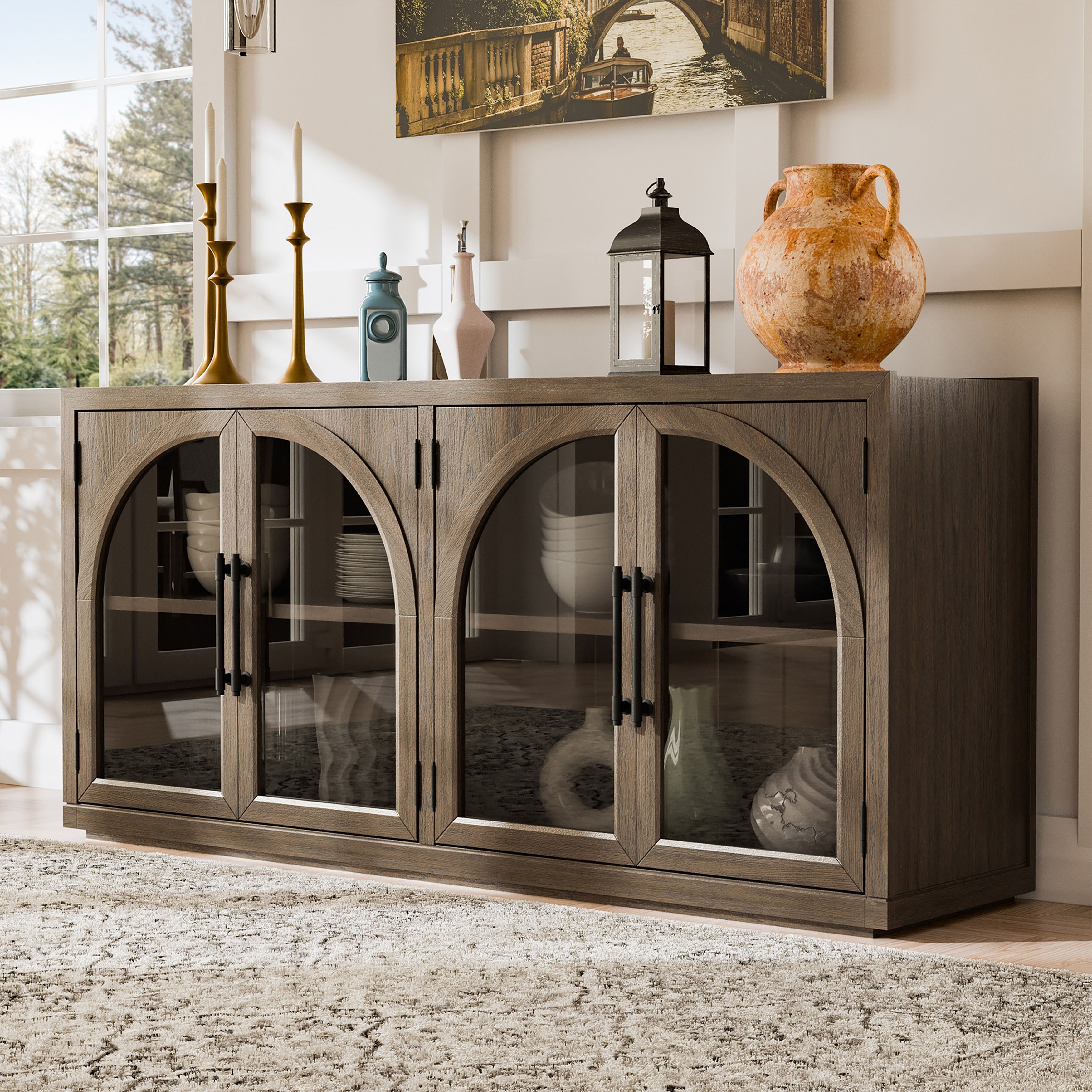 Furniture of America Lenn Modern Farmhouse Solid Wood 4-Door Dining Server with Glass Doors and Adjustable Shelves
