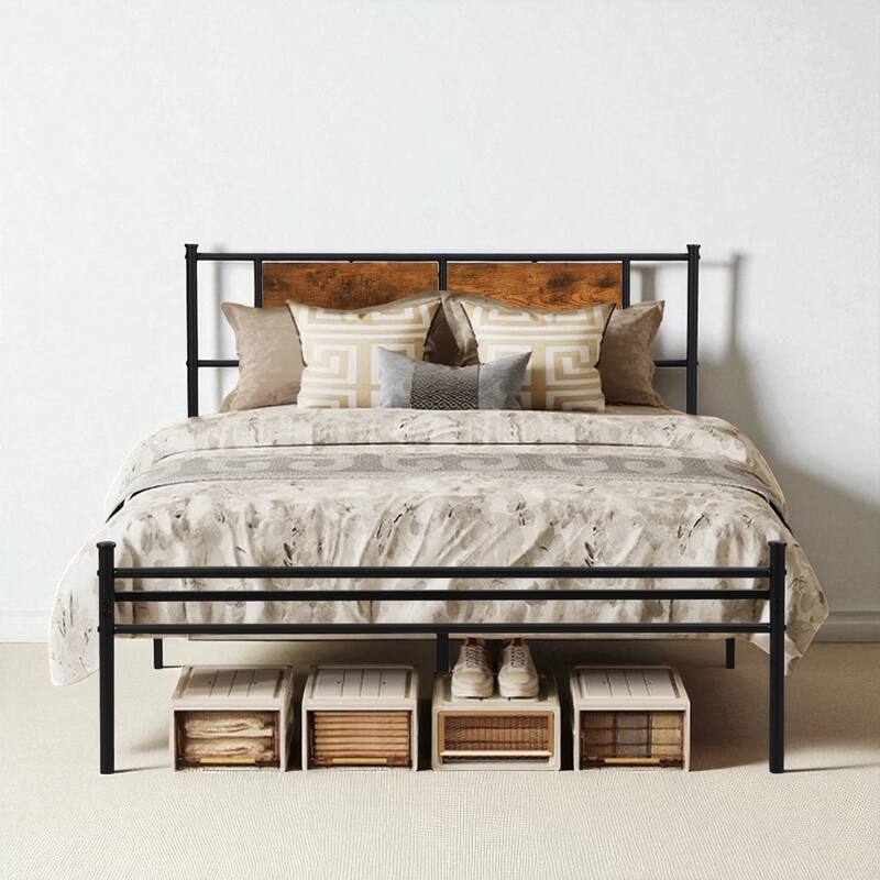 Queen Size Bed Frame with Victorian Headboard and Footboard, Underbed Storage, No Box Spring Required - Black - Queen