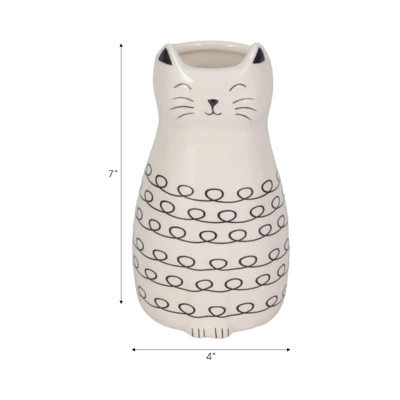 Sagebrook Home Ceramic Figurine - 7-Inch Squiggly Kitty with Unique Vase Opening, White and Black - 4" x 4" x 7"