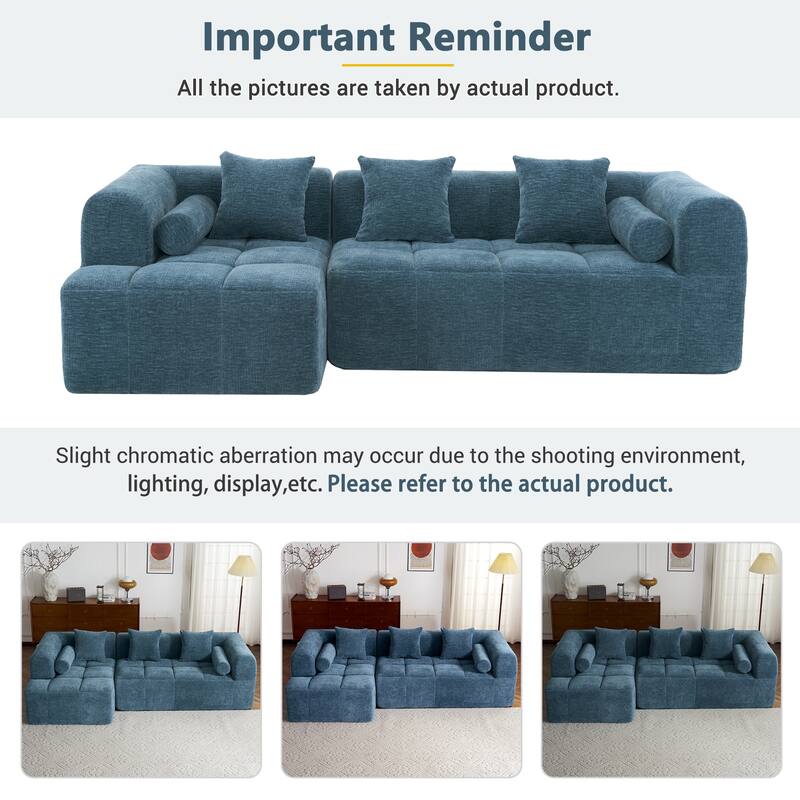 101.2" Blue Chenille Sectional Sofa, Modular, Deep Seating, 2 Side Pockets