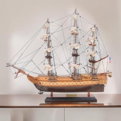 HomeRoots 20" Wood Brown 1797 USS Constitution Hand Painted Decorative Boat - 22.5' X '19.5' X '7.5