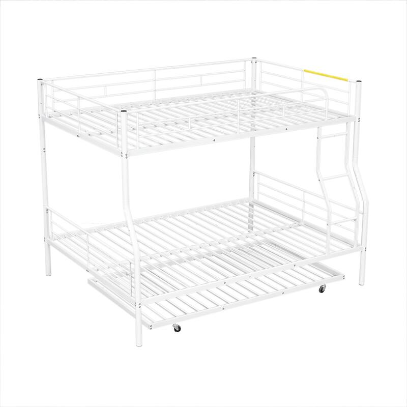 Metal Bunk Bed with Trundle and Guardrail, Convertible to Two Beds