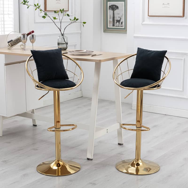 velvet bar chair,pure gold plated,unique design,360 degree rotation,adjustable height,Suitable for dinning room and bar,set of 2